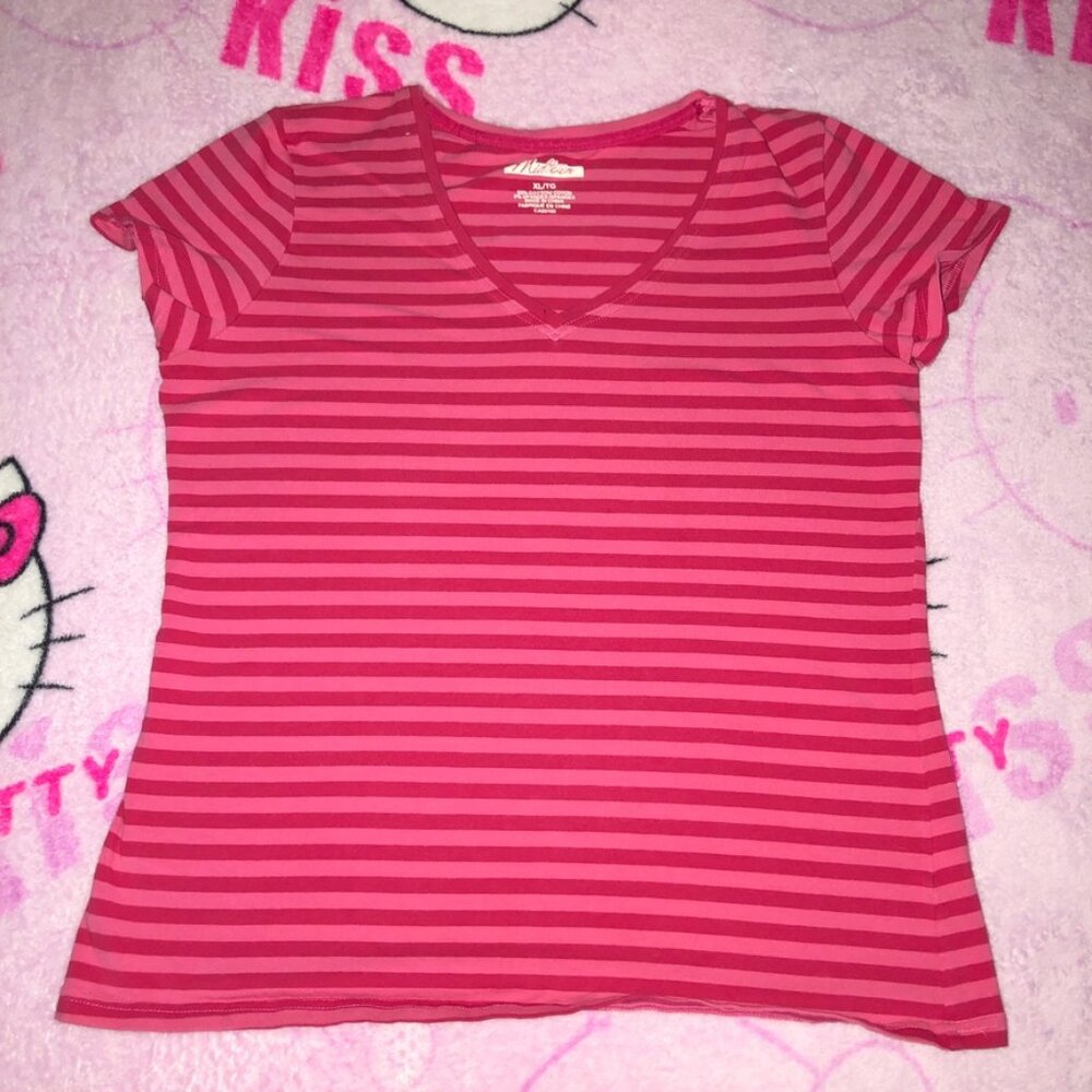 y2k basic pink stripe v neck top